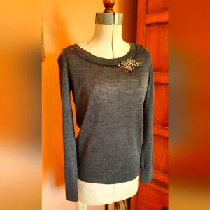 LOFT Bead and ribbon embellished Charcoal Sweater.